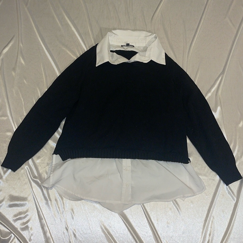 Black And White Sweater With Faux Button Down Collared Shirt